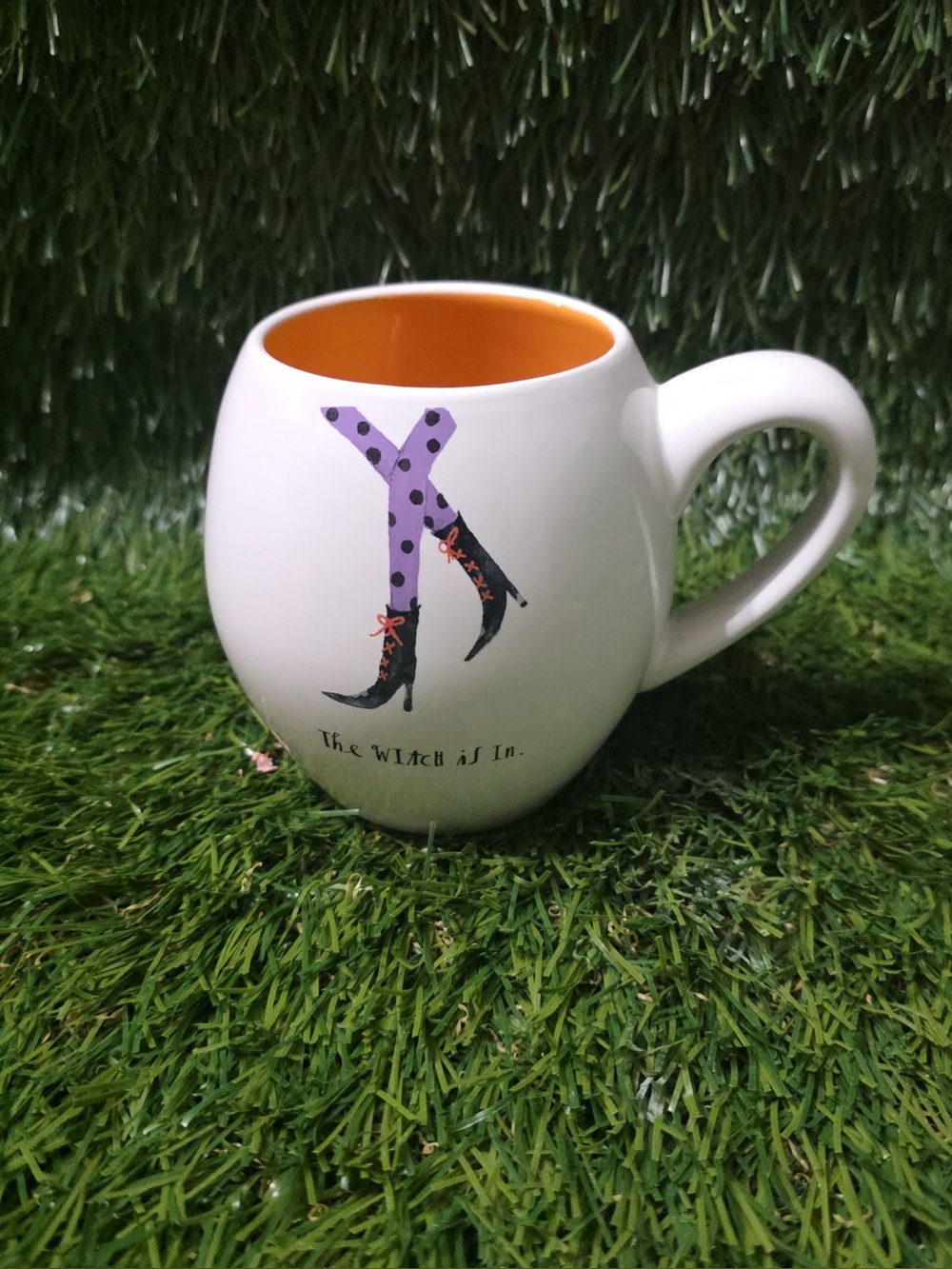 Rae Dunn White Mug with Orange Interior and Purple Witch Legs